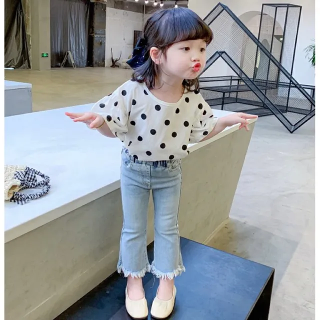 【安朵童舖】現貨韓版兒童波點露背牛仔褲套裝女寶短袖套裝女童短袖上衣牛仔長褲(032)