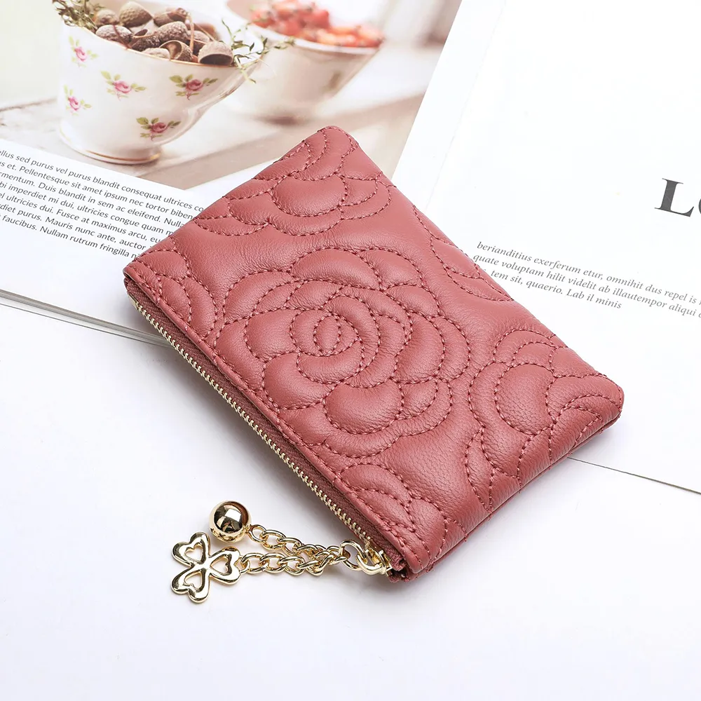 【VERTEX】羊皮山茶花壓紋質感零錢包-B