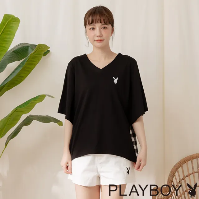 【PLAYBOY】雙面穿V領天絲緞面上衣(黑色)