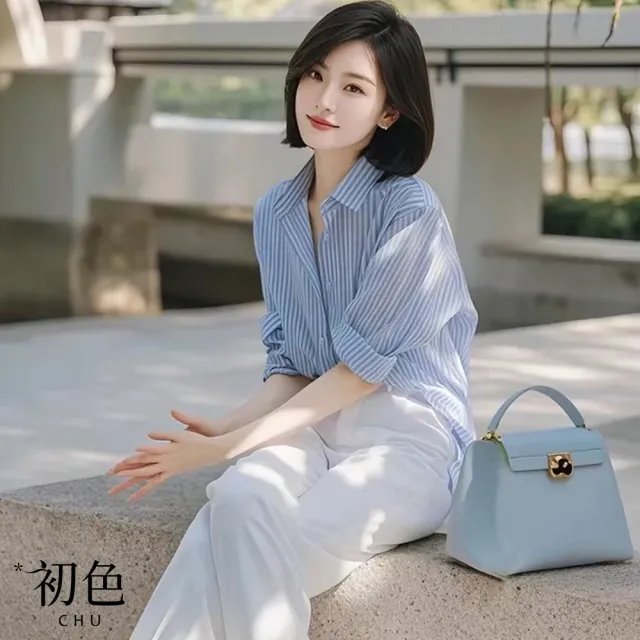 【初色】條紋襯衫上衣女上衣+九分休閒褲寬褲長褲兩件式套裝-共2色-10777(M-XL可選)