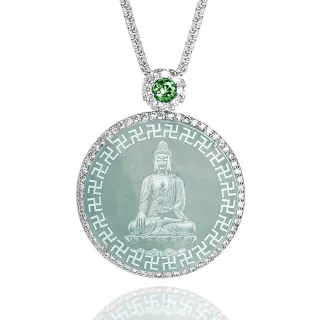 【Penny 珮妮】A貨翡翠藍水 影雕如來佛 銅鍍銀鑲冰種玉石 吊墜 項鍊(交換禮物  生日 尾牙 新年 結婚)