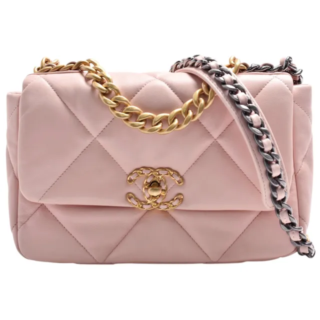 【CHANEL 香奈兒】19系列雙C LOGO菱格紋山羊皮轉釦金銀雙色鍊帶手提/肩背包(小-嫩粉色AS1160L-BABY PK-GPN)