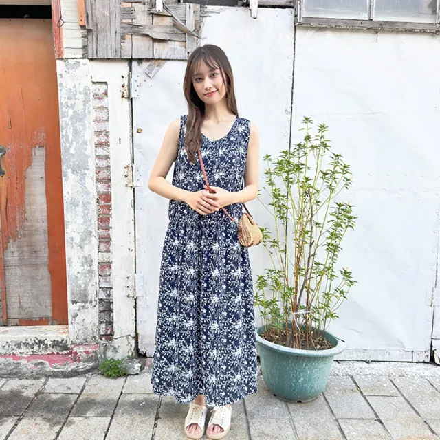 【Hana Mokuba】花木馬日系女裝滿版印花無袖綁帶收腰洋裝(洋裝)