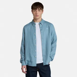 【Timberland 官方旗艦】男款藍綠色亞麻長袖襯衫(A69FY758)
