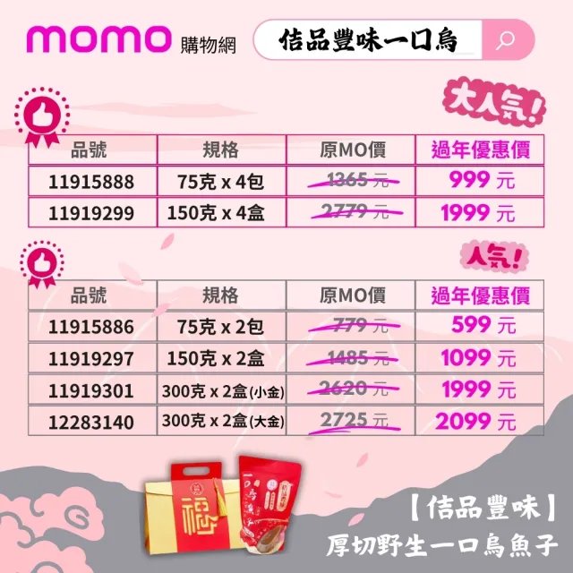 【佶品豐味】厚切野生一口烏魚子75克x2包組(年菜春節伴手禮推薦｜過年送禮必備｜一口吃)