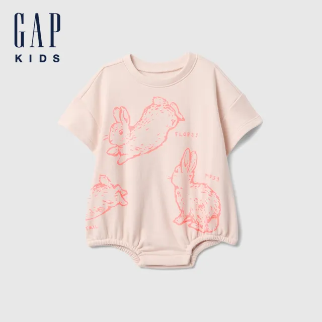 【GAP】嬰兒裝 Gap x PETER RABBIT 比得兔聯名 印花圓領短袖包屁衣-淺粉色(771500)