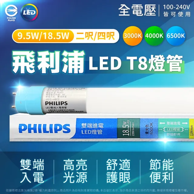 【Philips 飛利浦】12入 T8 LED 燈管 4尺 18.5W 全電壓 雙端入電 日光燈管(黃光/自然光/白光)