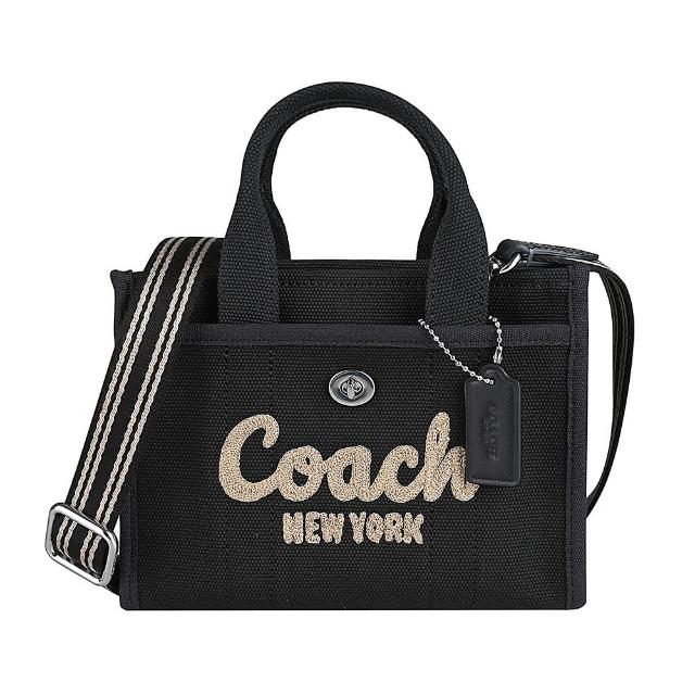 【COACH】COACH Cargo 20斜體刺繡LOGO帆布手提斜背托特包(黑x咖啡)