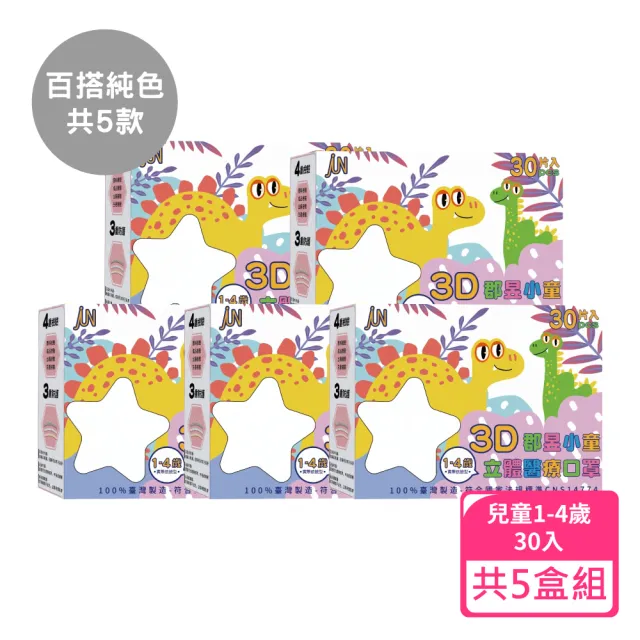 【JUN 郡昱】1-4歲兒童3D立體醫療口罩30入/盒-百搭純色系列；5盒組(台灣製造 立體口罩 3D口罩 兒童口罩)