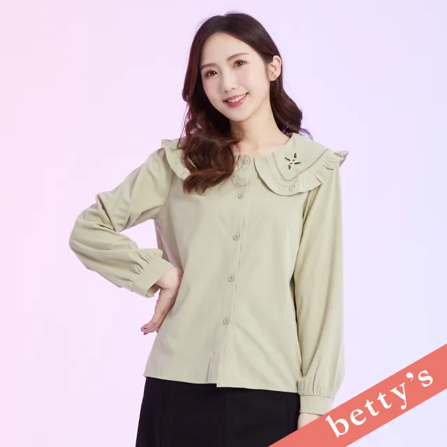 【betty’s 貝蒂思】絨面鄉村刺繡荷葉邊翻領襯衫(淺綠)