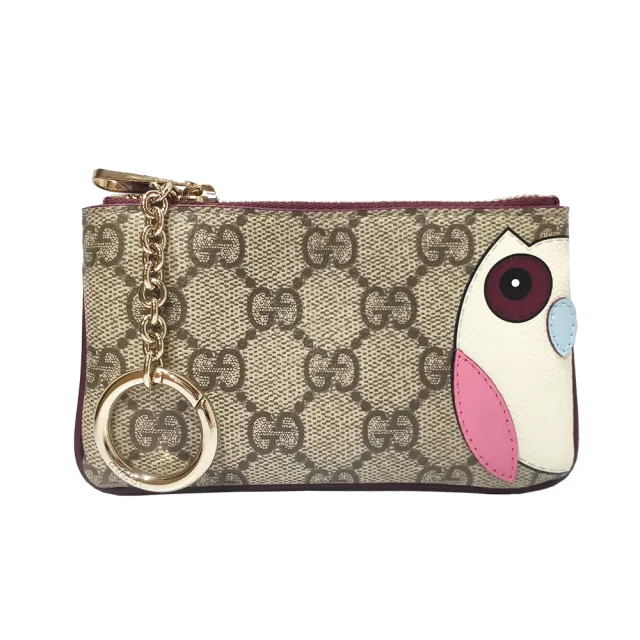 【GUCCI 古馳】818768 新款帆布系列貓頭鷹細節皮革貼飾內置扣環拉鍊零錢包(棕色)