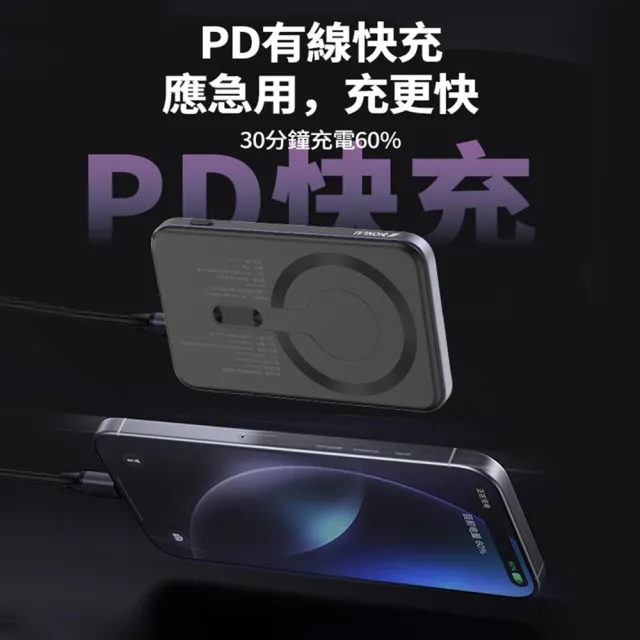 【HONLAI】無線極薄磁吸背夾行動電源 5000mAh MagSafe磁吸無線充 快充充電器