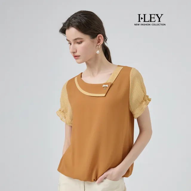 【ILEY 伊蕾】造型翻領拼接雪紡上衣(卡其;M-2L;1252211113)