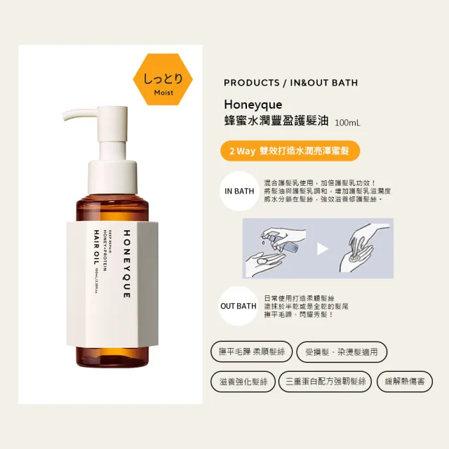 【HONEYQUE】蜂蜜水潤護髮油100ml(水潤豐盈/柔順亮澤)
