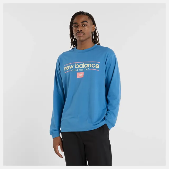【NEW BALANCE】NB LOGO長袖上衣 運動 休閒 圓領薄長袖 美規 男 藍色(MT51926SET-F)