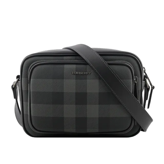 【BURBERRY 巴寶莉】格紋前口袋拉鍊斜背包(炭灰色)