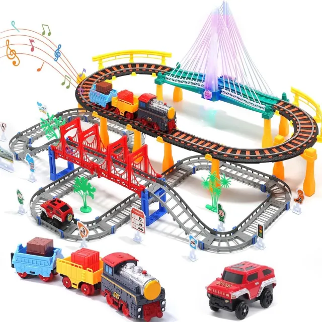 【CuteStone】雙層聲光火車汽車軌道組(含吊橋/音樂火車/越野車) - 益智拼裝/兒童節生日禮物/多種變換造型