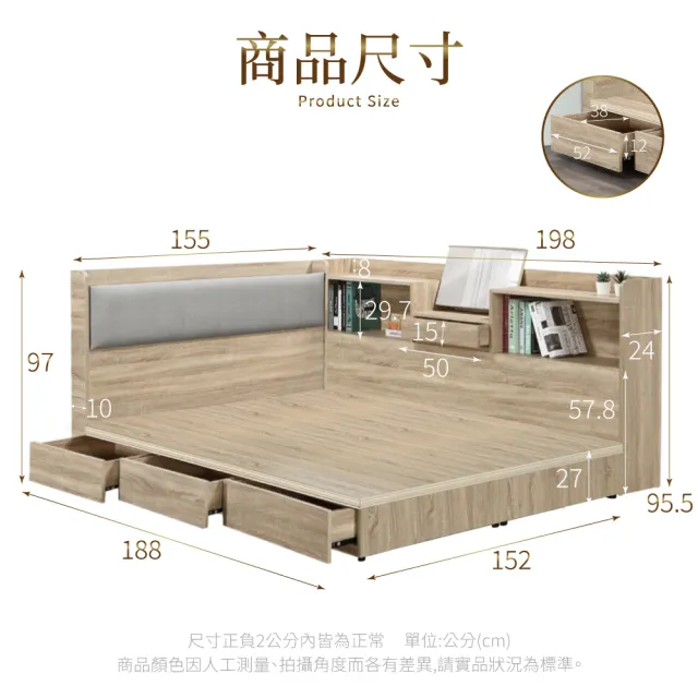 【IHouse】沐森 房間4件組 雙人5尺(插座床頭+收納抽屜底+收納床邊櫃+床頭櫃)