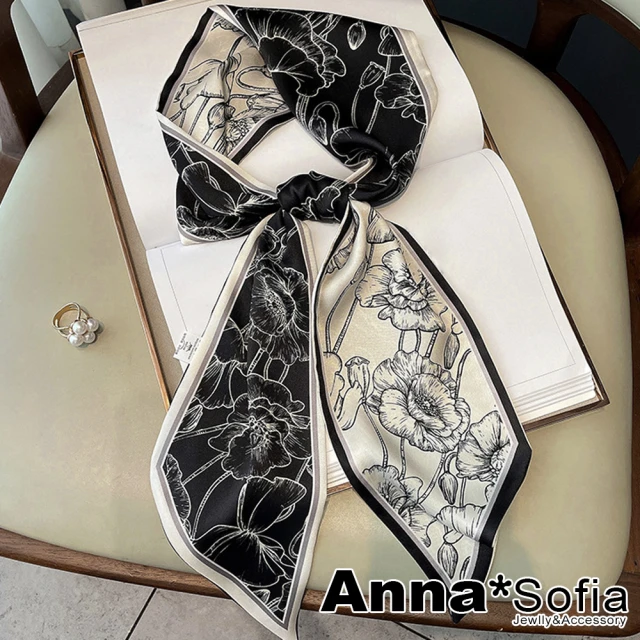 【AnnaSofia】仿絲領巾絲巾-罌粟線繪斜角 窄版緞面 現貨(黑白系)