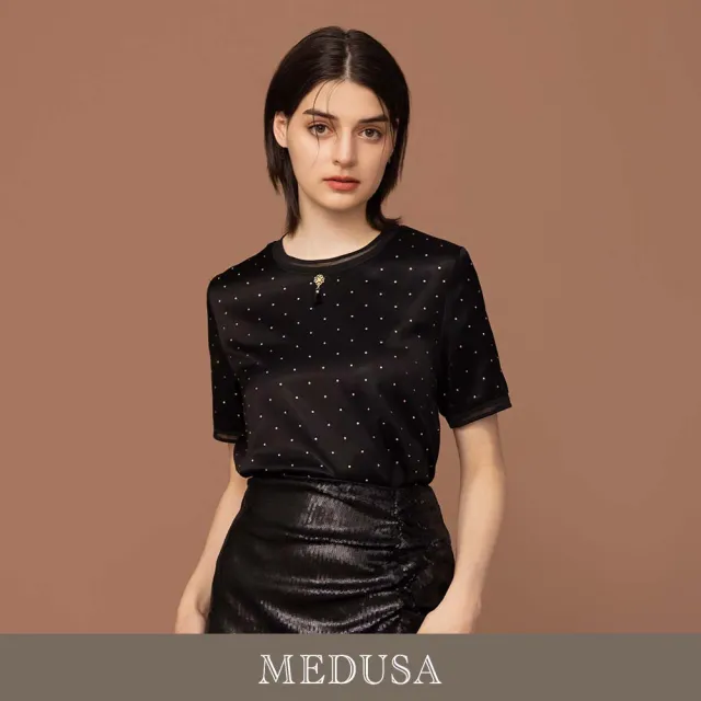 【MEDUSA 曼度莎】現貨-醋酸緞面點點水鑽上衣（M-2L）｜女上衣 短袖上衣 氣質上衣(601-30401)