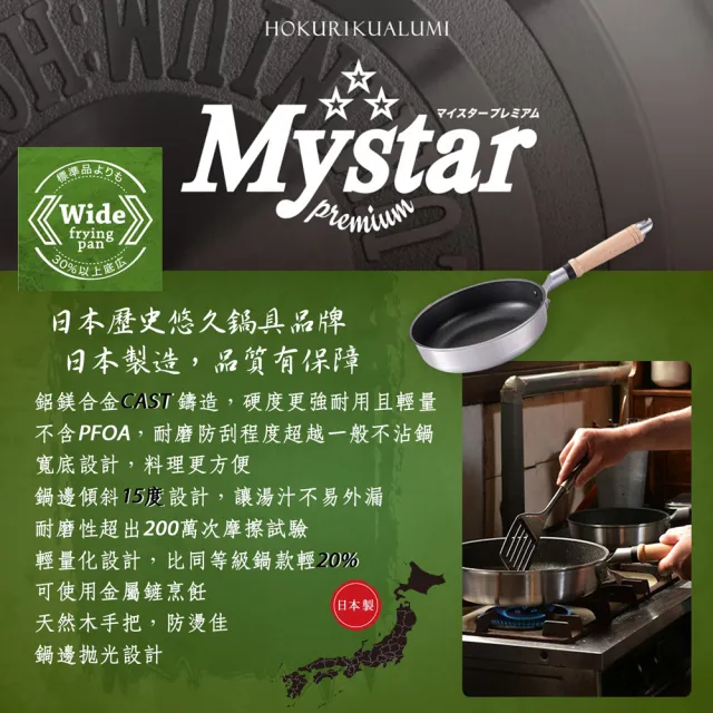 【日本北陸hokua】日本製Mystar輕量級不沾黑金鋼平底鍋20cm(可用金屬鍋鏟烹飪)
