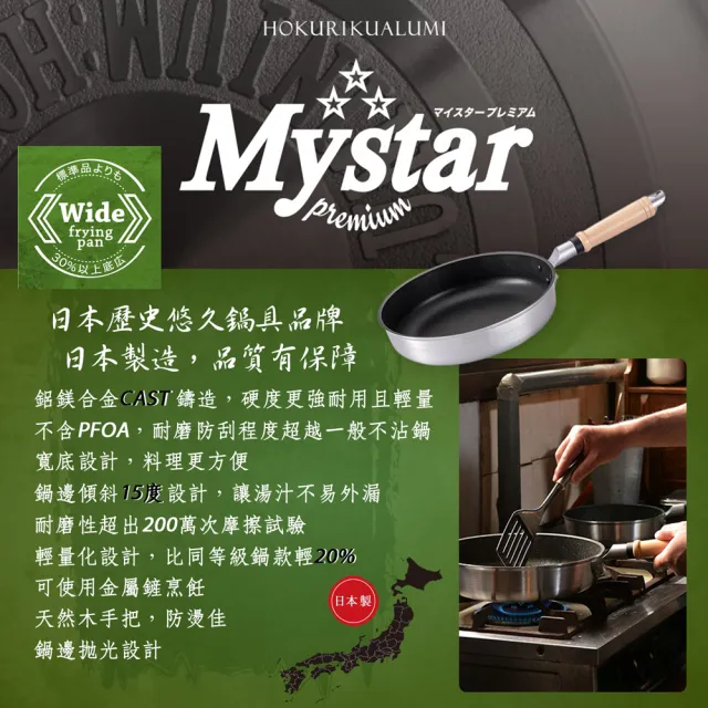 【日本北陸hokua】日本製Mystar輕量級不沾黑金鋼平底鍋24cm(可用金屬鍋鏟烹飪)