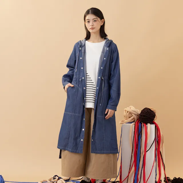 【MOSS CLUB】假吊帶裙工裝牛仔連帽開襟長袖洋裝(藍 黑)