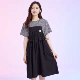 【betty’s 貝蒂思】腰間抽繩拼接條紋短袖洋裝(黑色)