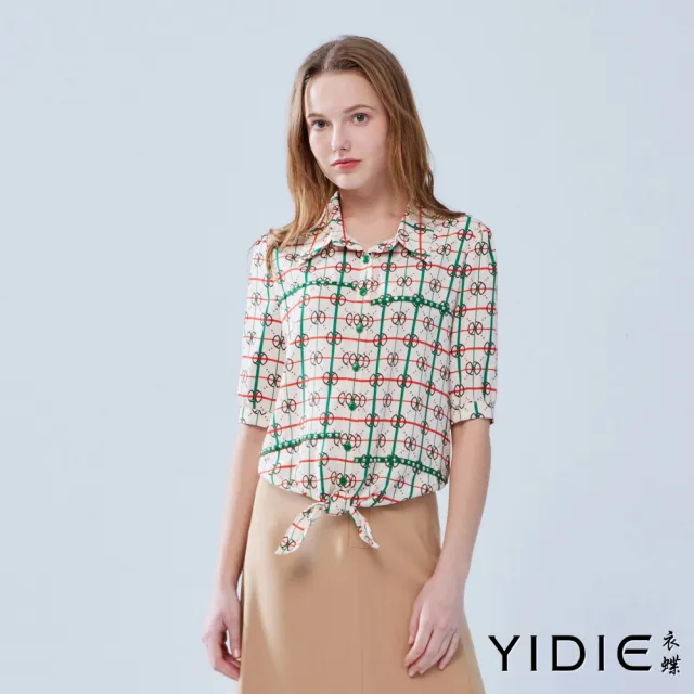 【YIDIE 衣蝶】跳色格紋線條綁帶雪紡上衣-米