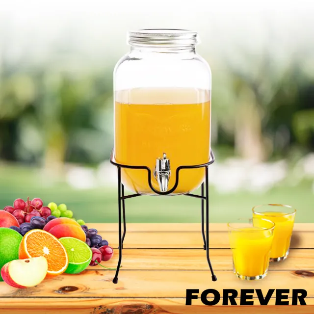 【FOREVER 鋒愛華】夏天必備派對玻璃果汁飲料桶-含桶架(4L)