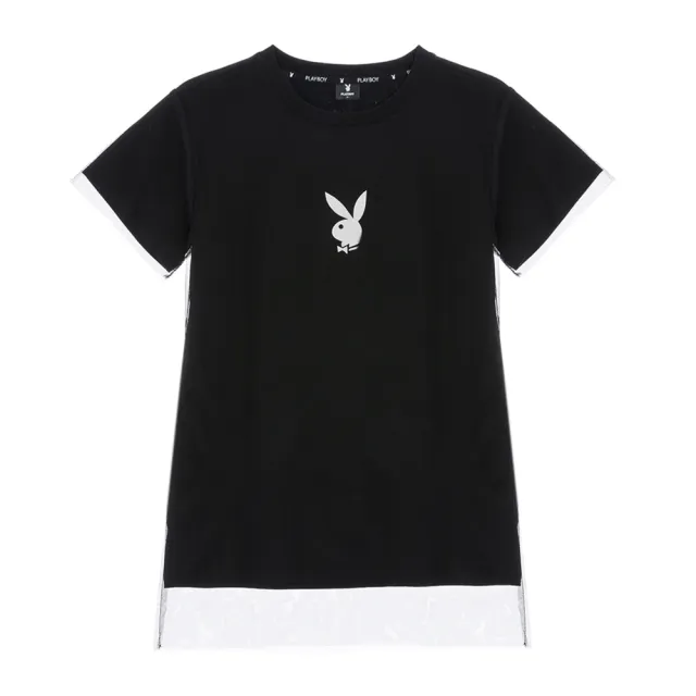 【PLAYBOY】假兩件個性黃色網洋裝(黑色)