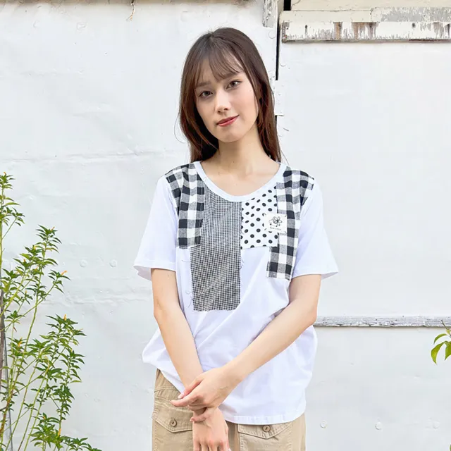 【Hana Mokuba】花木馬日系女裝拼接布圓領設計休閒T恤(T恤)