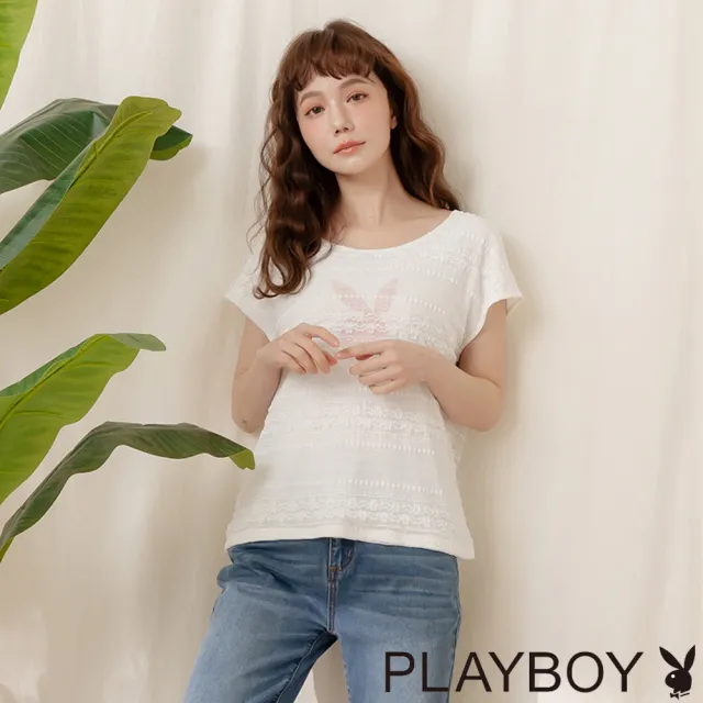 【PLAYBOY】浪漫蕾絲連袖上衣(白色)
