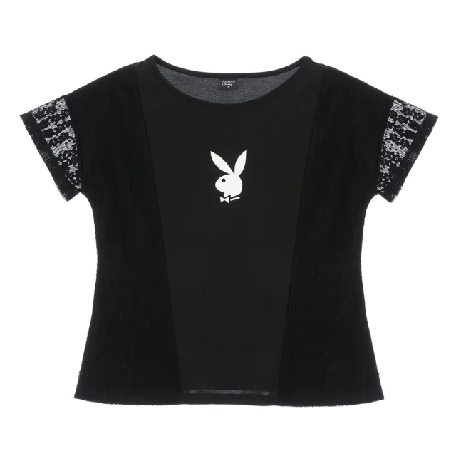 【PLAYBOY】天絲羅馬袖蕾絲上衣(黑色)