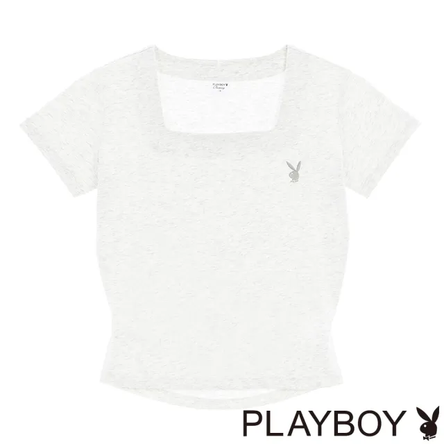 【PLAYBOY】方領後露腰短版T-SHIRT(淺麻灰色)