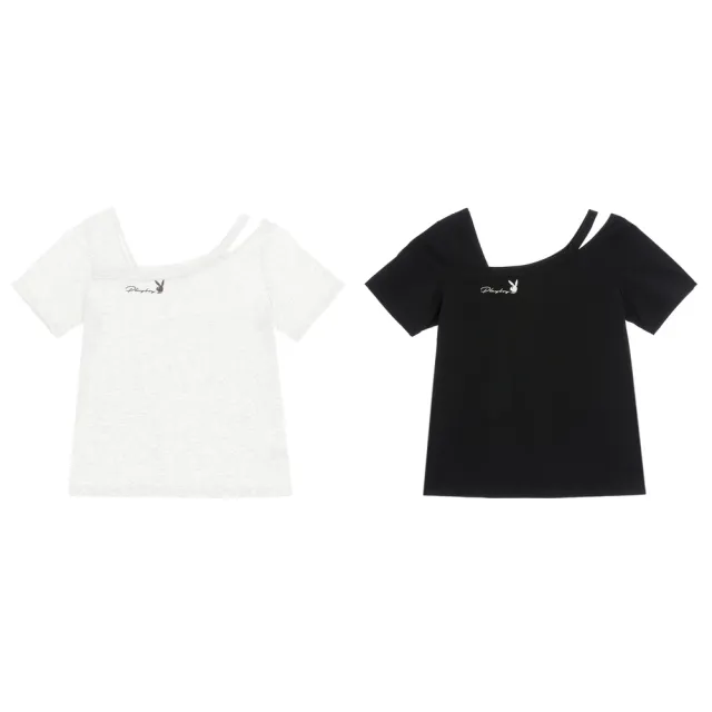 【PLAYBOY】涼感不對稱露肩T-SHIRT(淺麻灰色)