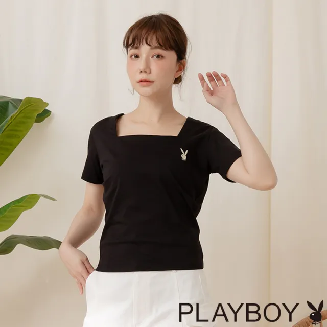 【PLAYBOY】方領後露腰短版T-SHIRT(黑色)