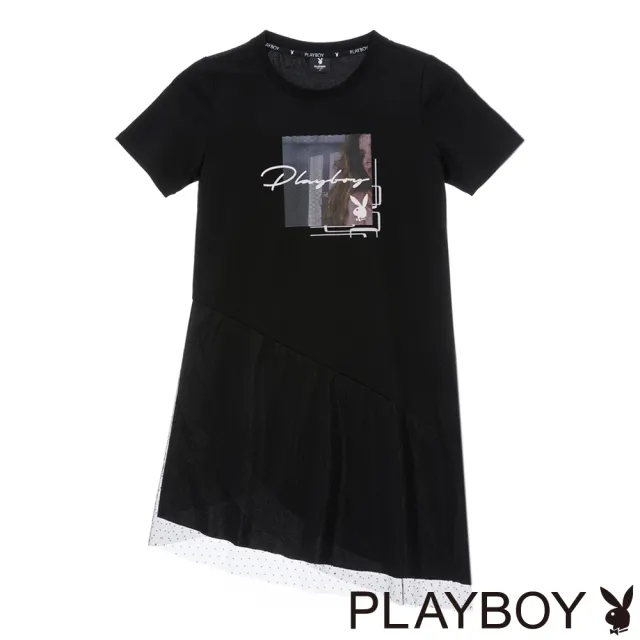【PLAYBOY】修身裙襬拼接網紗洋裝(黑色)