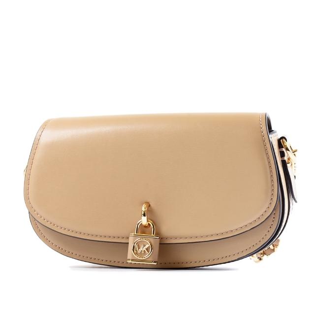 【Michael Kors】專櫃款 MILA 滑面皮革磁釦翻蓋肩背/斜背二用鎖頭包-駝色/小