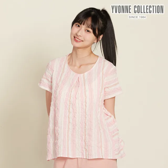 【YVONNE 以旺傢飾】皺皺條剪接短袖上衣-貝殼粉
