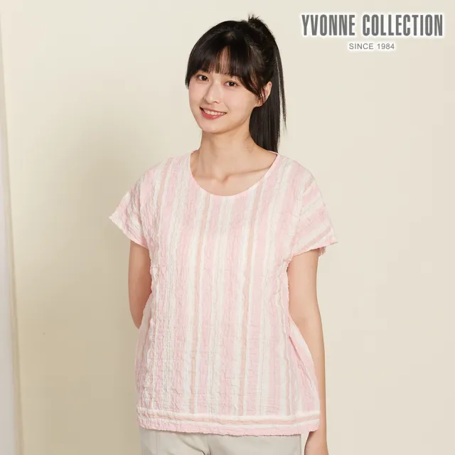 【YVONNE 以旺傢飾】皺皺條短袖上衣-貝殼粉