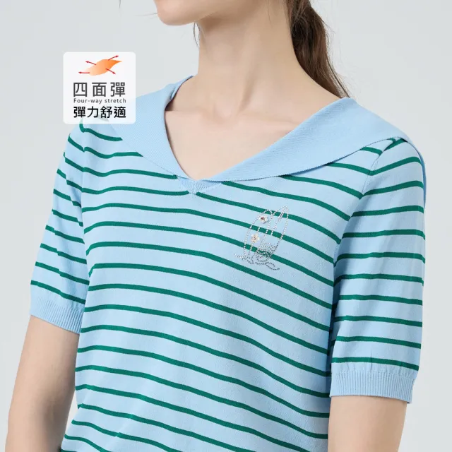 【ILEY 伊蕾】條紋水手領縲縈針織上衣(淺藍；M-XL；1251515004)
