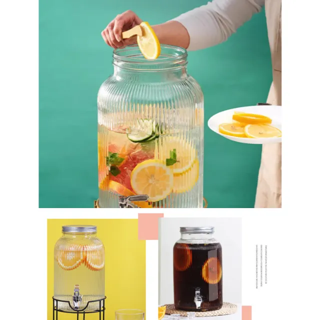 【日本FOREVER】夏天必備派對玻璃果汁飲料桶/不銹鋼水龍頭-豎紋款5.5L(含桶架)
