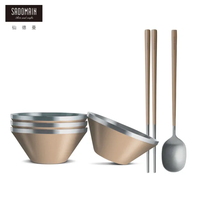 【SADOMAIN 仙德曼】（4入組）304不鋼雙層隔熱14cm+環保餐具組(附網袋/戶外露營/不銹鋼/雙層碗/湯匙/ 筷子)