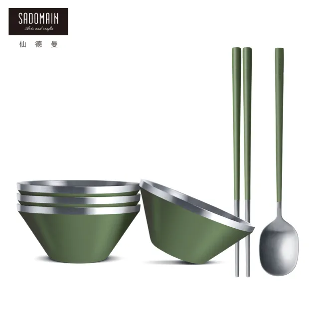 【SADOMAIN 仙德曼】（4入組）304不鋼雙層隔熱14cm+環保餐具組(附網袋/戶外露營/不銹鋼/雙層碗/湯匙/ 筷子)