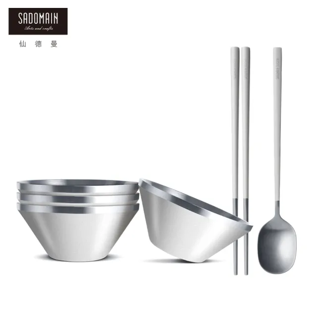 【SADOMAIN 仙德曼】（4入組）304不鋼雙層隔熱14cm+環保餐具組(附網袋/戶外露營/不銹鋼/雙層碗/湯匙/ 筷子)