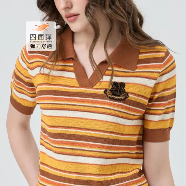 【ILEY 伊蕾】學院風條紋縲縈針織短袖上衣(咖；M-XL；1251515003)