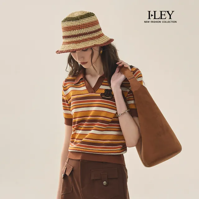 【ILEY 伊蕾】學院風條紋縲縈針織短袖上衣(咖；M-XL；1251515003)