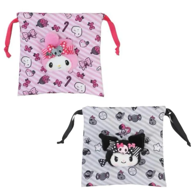 【小禮堂】雙11 Sanrio 三麗鷗 絨毛大臉造型束口收納包 粉黑派對 美樂蒂 酷洛米(平輸品)
