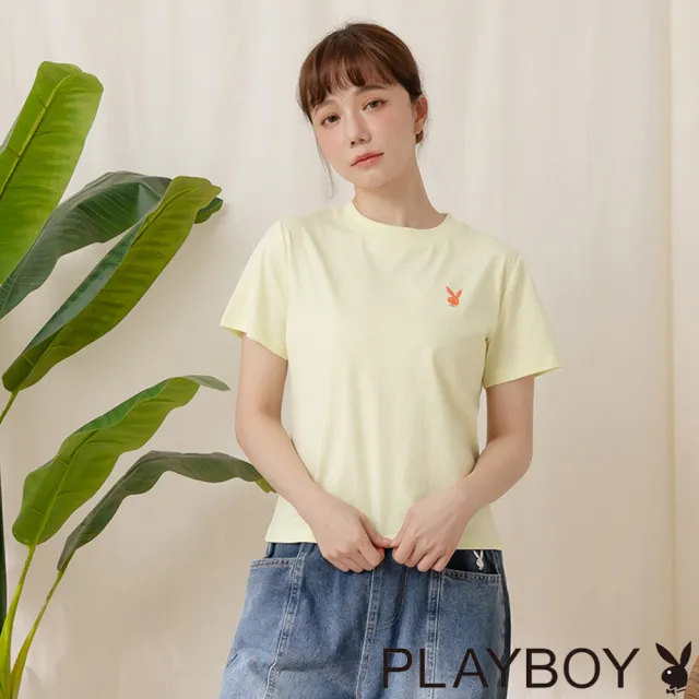 【PLAYBOY】簡約短版刺繡T-SHIRT(透明黃色)